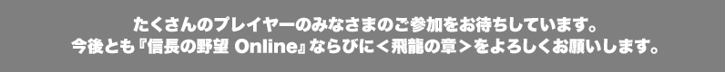 たくさんのプレイヤーのみなさまのご参加をお待ちしています。
今後とも「信長の野望 Online」ならびに＜飛龍の章＞をよろしくお願いします。
